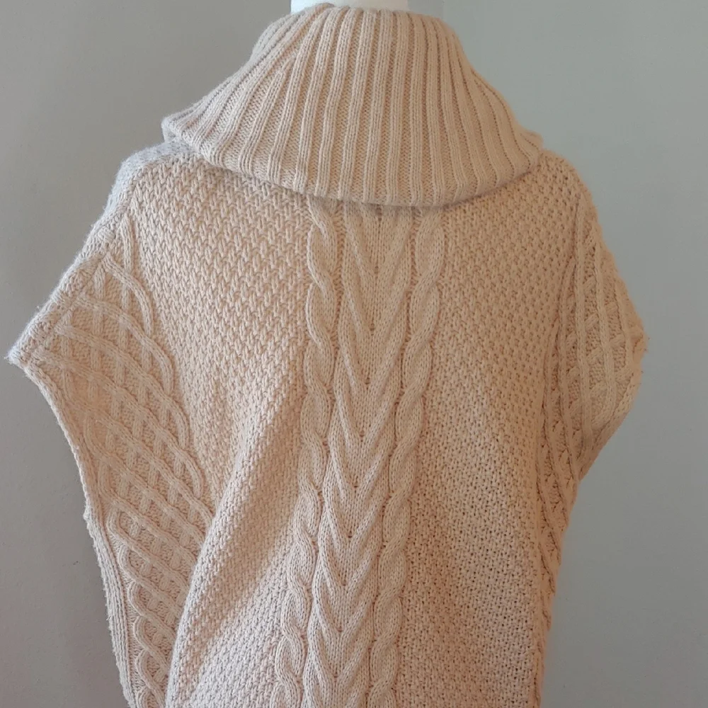 Saks Fifth Ave Wool Blend Cream Cable Knit Cowl Sweater with Side Belts Small - Picture 7 of 16